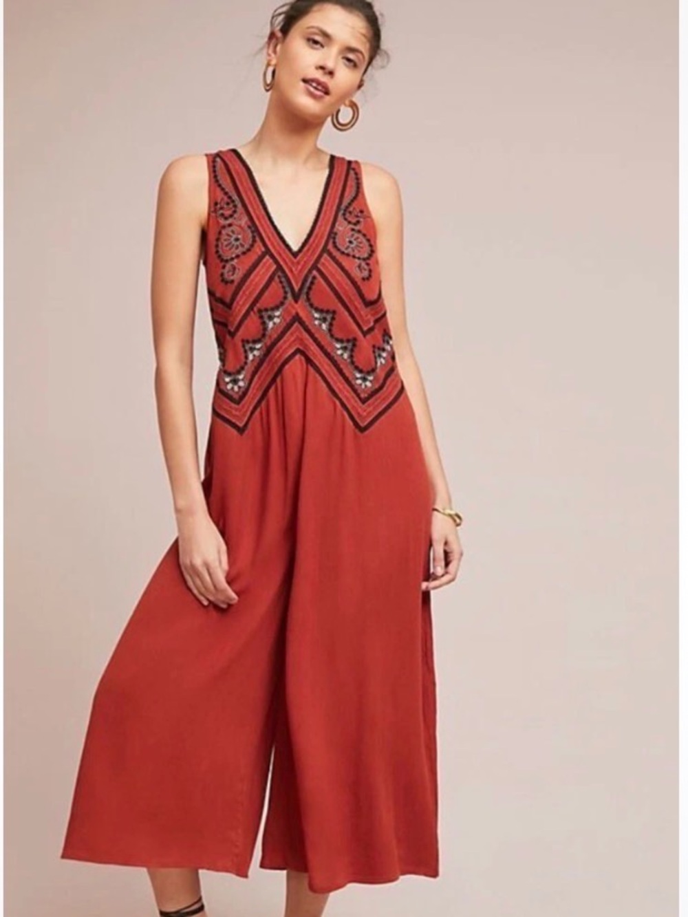 Maeve Rust Red Sleeveless Maxi Jumpsuit with Embellished V-Neck